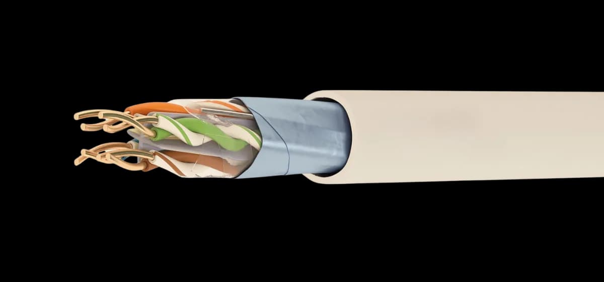 Category-6 F/UTP data kabl, 4 upredene parice, pun Cu provodnik, PE izolacija, zvezdasti separator, ukupni Al/PET ekran, PVC plašt (siva RAL 7035); Gigabit Ethernet / PoE.