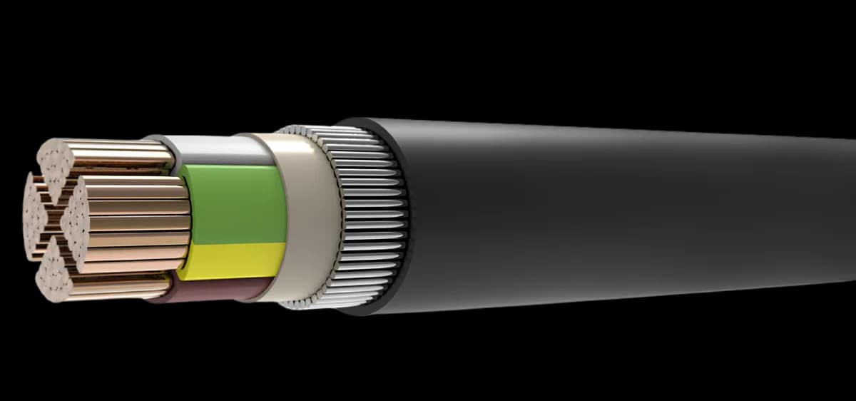 Armirani energetski kabl 0,6/1 kV sa bakarnim provodnicima klase 2, PVC izolacijom, armaturom od pocinkovanih čeličnih žica i PVC plaštom (NYRY · JUS PP44).