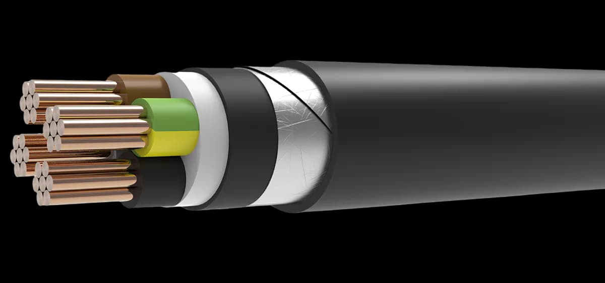 Armirani energetski kabl 0,6/1 kV sa bakarnim provodnicima, XLPE izolacijom, armaturom od dve pocinkovane čelične trake i PVC plaštom (N2XBY · JUS XP41).