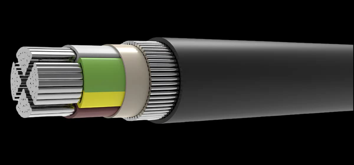 Armirani energetski kabl 0,6/1 kV sa aluminijumskim provodnicima, XLPE izolacijom, armaturom od okruglih pocinkovanih čeličnih žica i PVC plaštom (NA2XRY · JUS XP44-A).